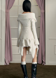 Fashion White Slash Neck Asymmetrical Mink Hair Knitted Two Piece Set Fall