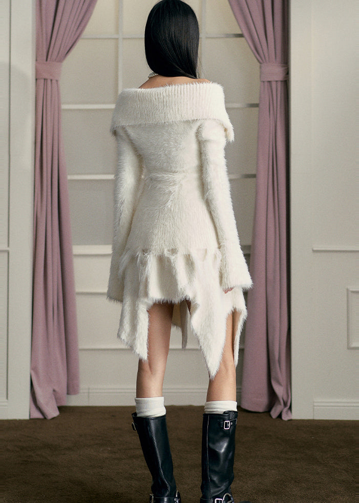 Fashion White Slash Neck Asymmetrical Mink Hair Knitted Two Piece Set Fall