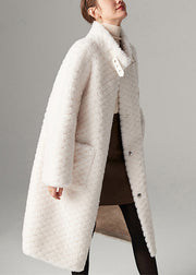 Fashion White Stand Collar Pockets Solid Faux Fur Maxi Coats Winter