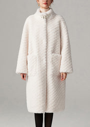 Fashion White Stand Collar Pockets Solid Faux Fur Maxi Coats Winter