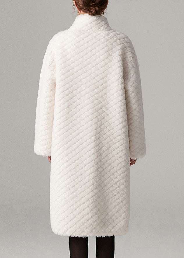 Fashion White Stand Collar Pockets Solid Faux Fur Maxi Coats Winter