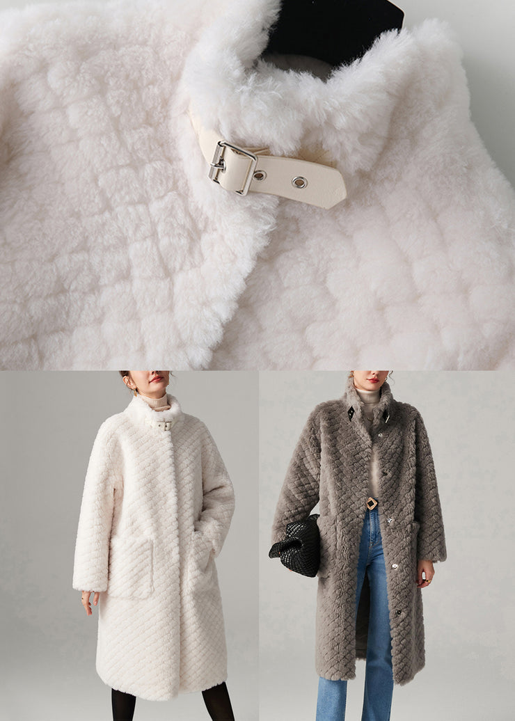 Fashion White Stand Collar Pockets Solid Faux Fur Maxi Coats Winter