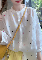 Fashion White Stand Collar Print Cotton Shirt Bracelet Sleeve