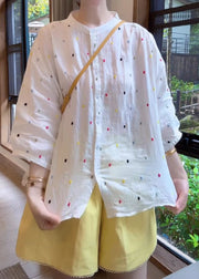 Fashion White Stand Collar Print Cotton Shirt Bracelet Sleeve