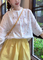 Fashion White Stand Collar Print Cotton Shirt Bracelet Sleeve