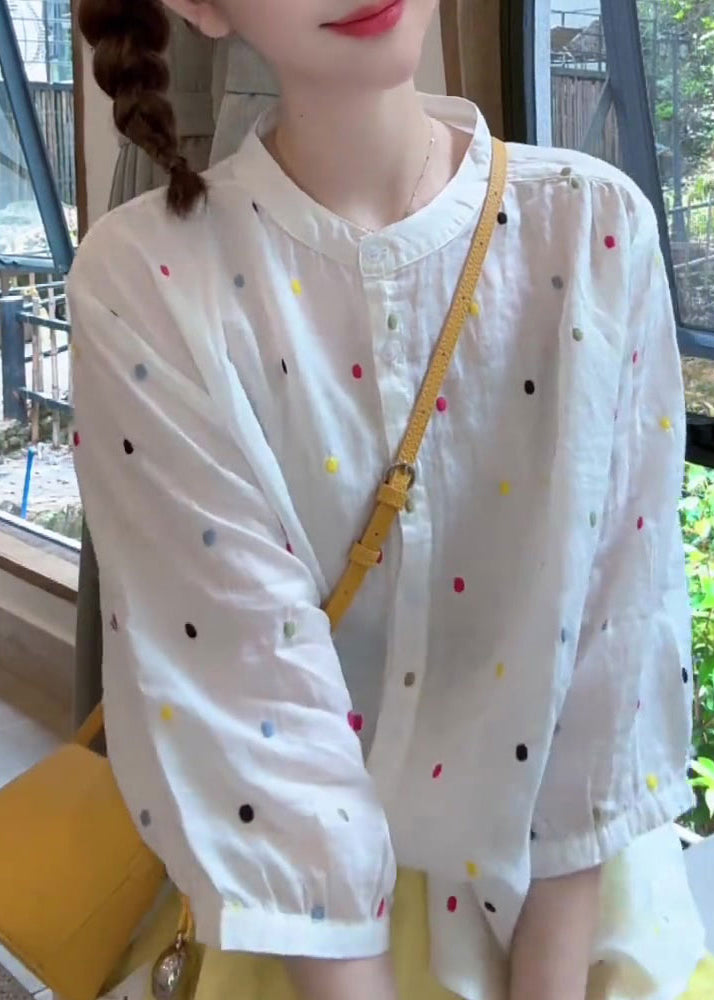 Fashion White Stand Collar Print Cotton Shirt Bracelet Sleeve