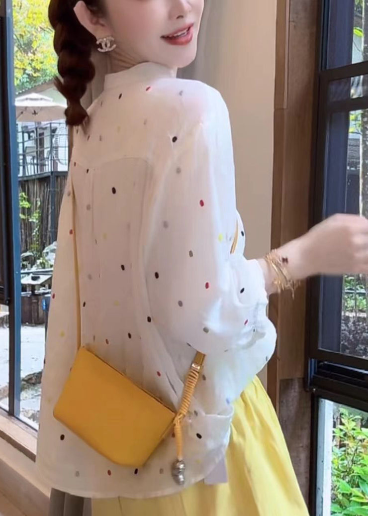 Fashion White Stand Collar Print Cotton Shirt Bracelet Sleeve