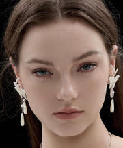 Fashion White Sterling Silver Pearl Butterfly Water Drop Drop Earrings
