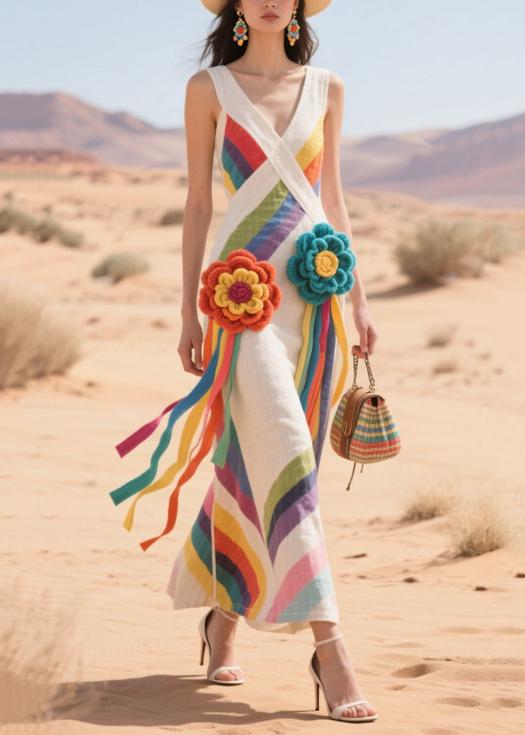 Fashion White Striped Flower Decorated Cotton Tea Dress Summer