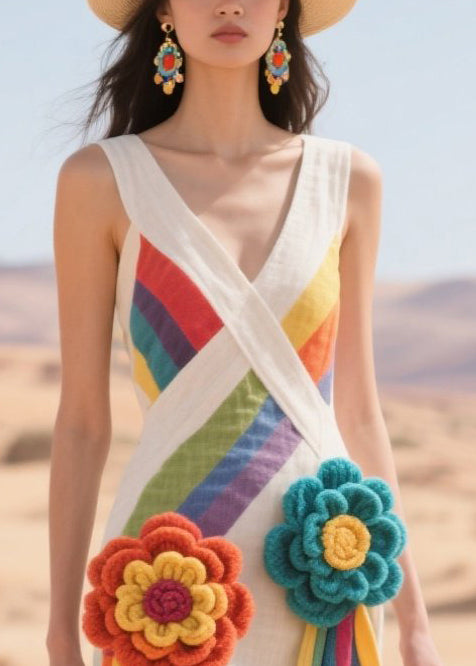 Fashion White Striped Flower Decorated Cotton Tea Dress Summer