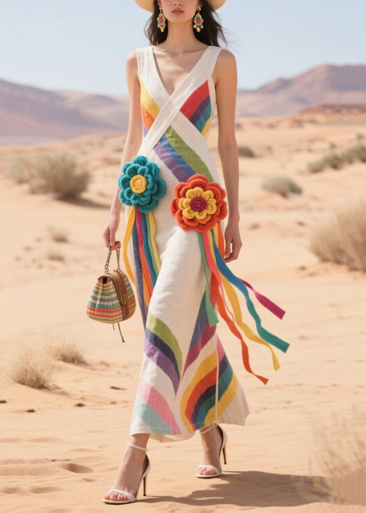Fashion White Striped Flower Decorated Cotton Tea Dress Summer