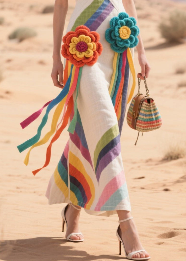 Fashion White Striped Flower Decorated Cotton Tea Dress Summer