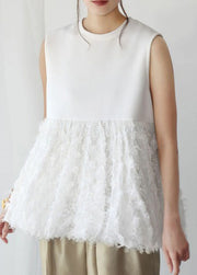 Fashion White Tasseled Patchwork Cotton Tops Sleeveless