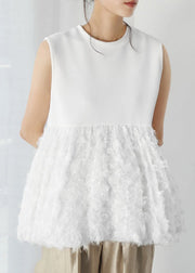 Fashion White Tasseled Patchwork Cotton Tops Sleeveless