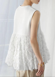 Fashion White Tasseled Patchwork Cotton Tops Sleeveless