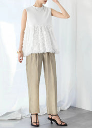 Fashion White Tasseled Patchwork Cotton Tops Sleeveless