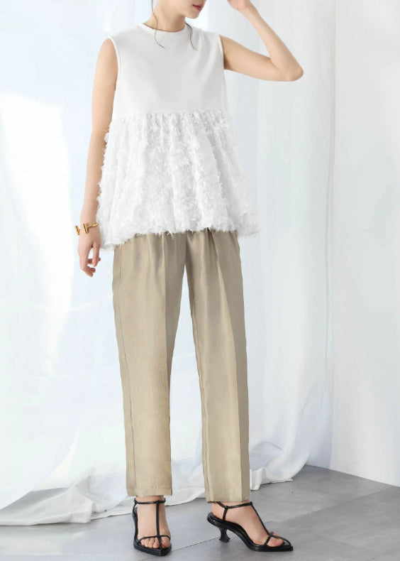Fashion White Tasseled Patchwork Cotton Tops Sleeveless