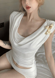 Fashion White Turtle Neck Butterfly Decorated Vests Sleeveless