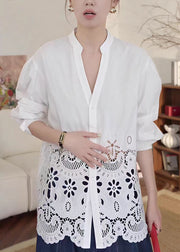 Fashion White V Neck Hollow Out Cotton Blouse Tops Fall