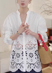 Fashion White V Neck Hollow Out Cotton Blouse Tops Fall