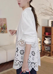 Fashion White V Neck Hollow Out Cotton Blouse Tops Fall