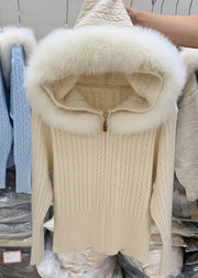 Fashion White Zippered Patchwork Hooded Cotton Knit Cardigan Winter