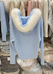 Fashion White Zippered Patchwork Hooded Cotton Knit Cardigan Winter