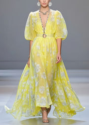 Fashion Yellow Cinched Print Chiffon Vacation Dresses Half Sleeve