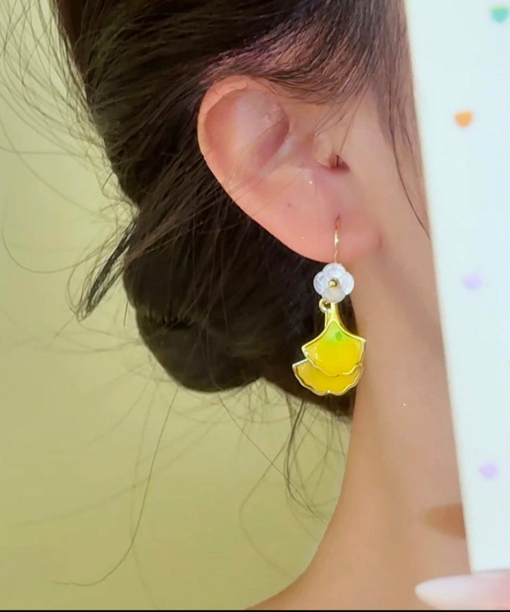 Fashion Yellow Copper Overgild Ginkgo Leaf Floral Drop Earrings