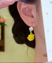 Fashion Yellow Copper Overgild Ginkgo Leaf Floral Drop Earrings