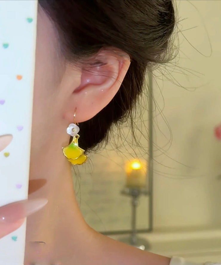 Fashion Yellow Copper Overgild Ginkgo Leaf Floral Drop Earrings