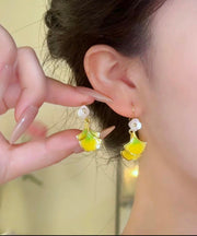 Fashion Yellow Copper Overgild Ginkgo Leaf Floral Drop Earrings