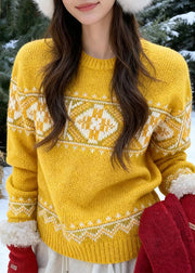 Fashion Yellow Cozy Thick Print Cotton Knit Sweaters Fall