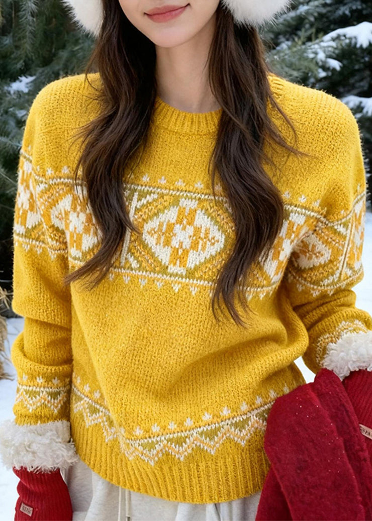 Fashion Yellow Cozy Thick Print Cotton Knit Sweaters Fall