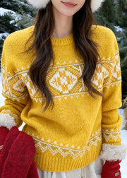 Fashion Yellow Cozy Thick Print Cotton Knit Sweaters Fall