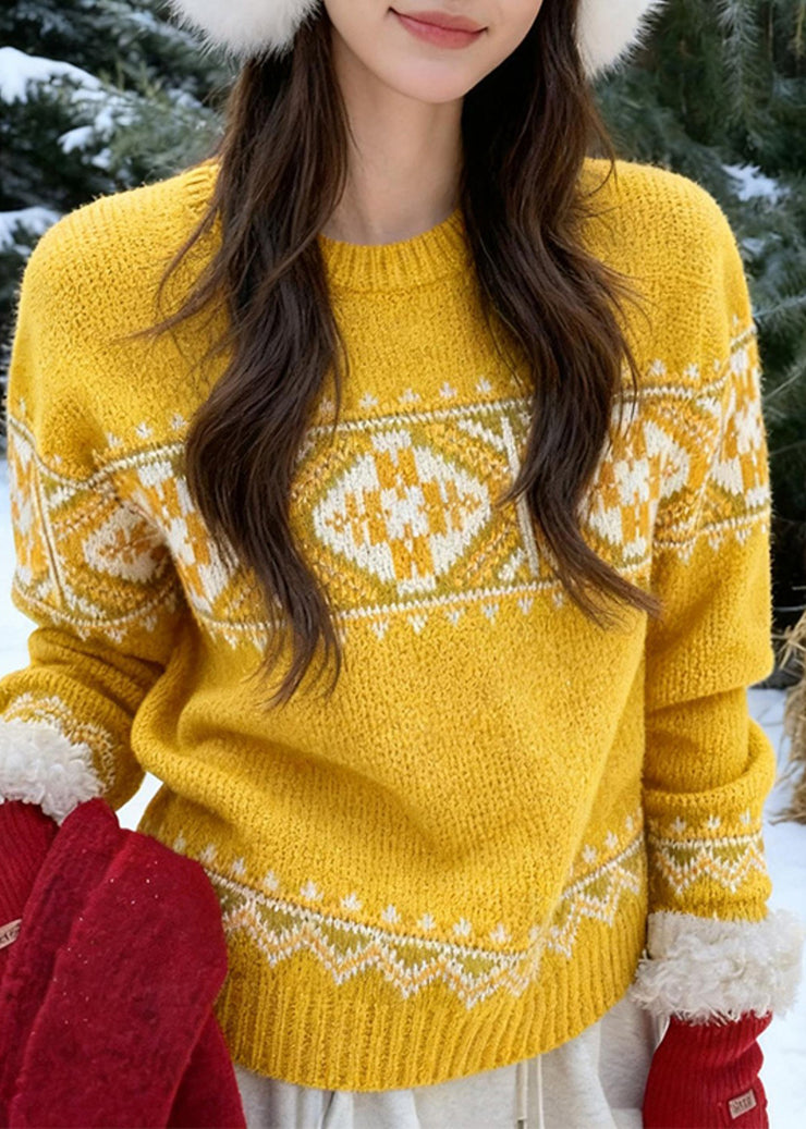 Fashion Yellow Cozy Thick Print Cotton Knit Sweaters Fall