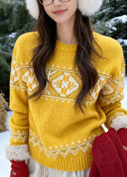 Fashion Yellow Cozy Thick Print Cotton Knit Sweaters Fall
