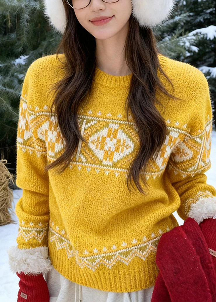 Fashion Yellow Cozy Thick Print Cotton Knit Sweaters Fall