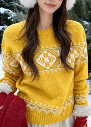 Fashion Yellow Cozy Thick Print Cotton Knit Sweaters Fall