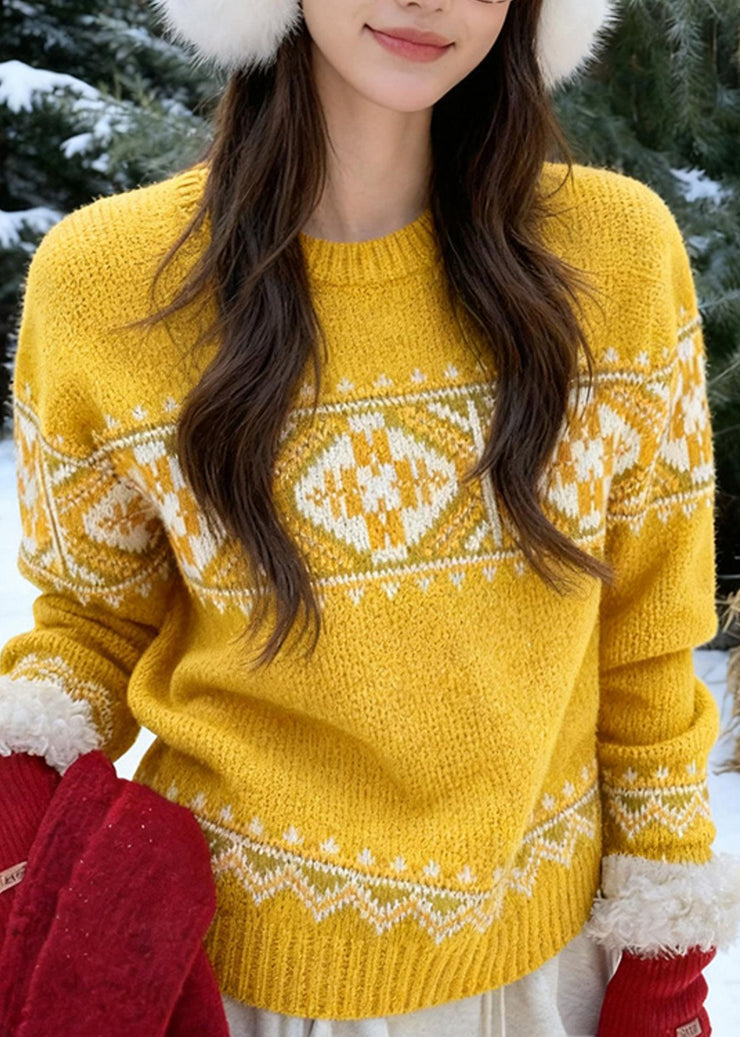 Fashion Yellow Cozy Thick Print Cotton Knit Sweaters Fall