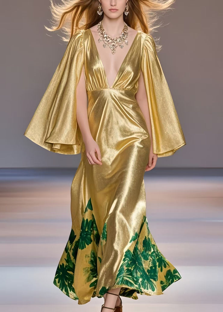 Fashion Yellow Deep-V Neck Print Silk Party Dress Cloak Sleeves