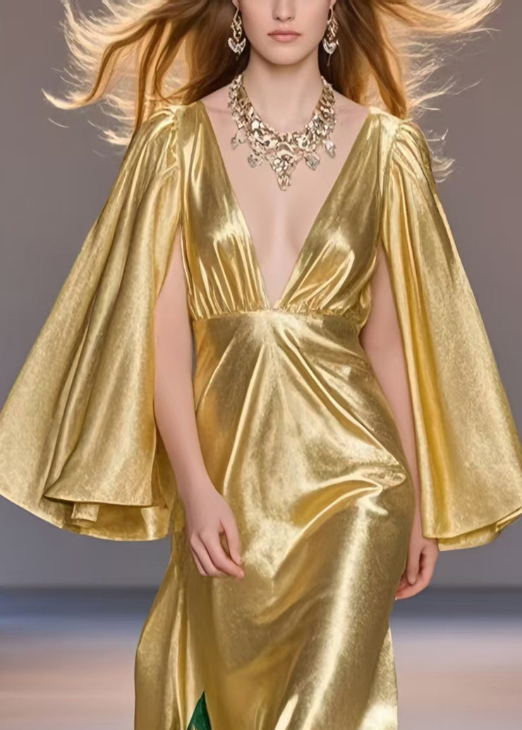 Fashion Yellow Deep-V Neck Print Silk Party Dress Cloak Sleeves
