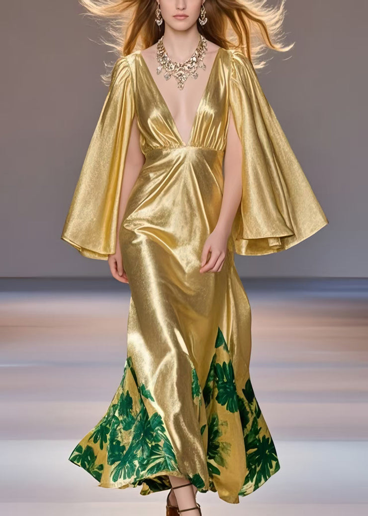 Fashion Yellow Deep-V Neck Print Silk Party Dress Cloak Sleeves