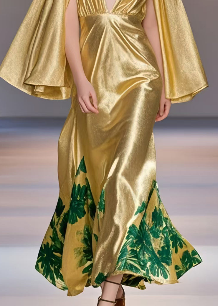 Fashion Yellow Deep-V Neck Print Silk Party Dress Cloak Sleeves