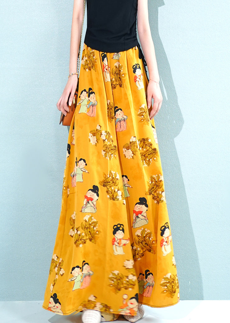 Fashion Yellow Print Pockets Oversized Chiffon Pants Skirt Summer