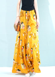 Fashion Yellow Print Pockets Oversized Chiffon Pants Skirt Summer