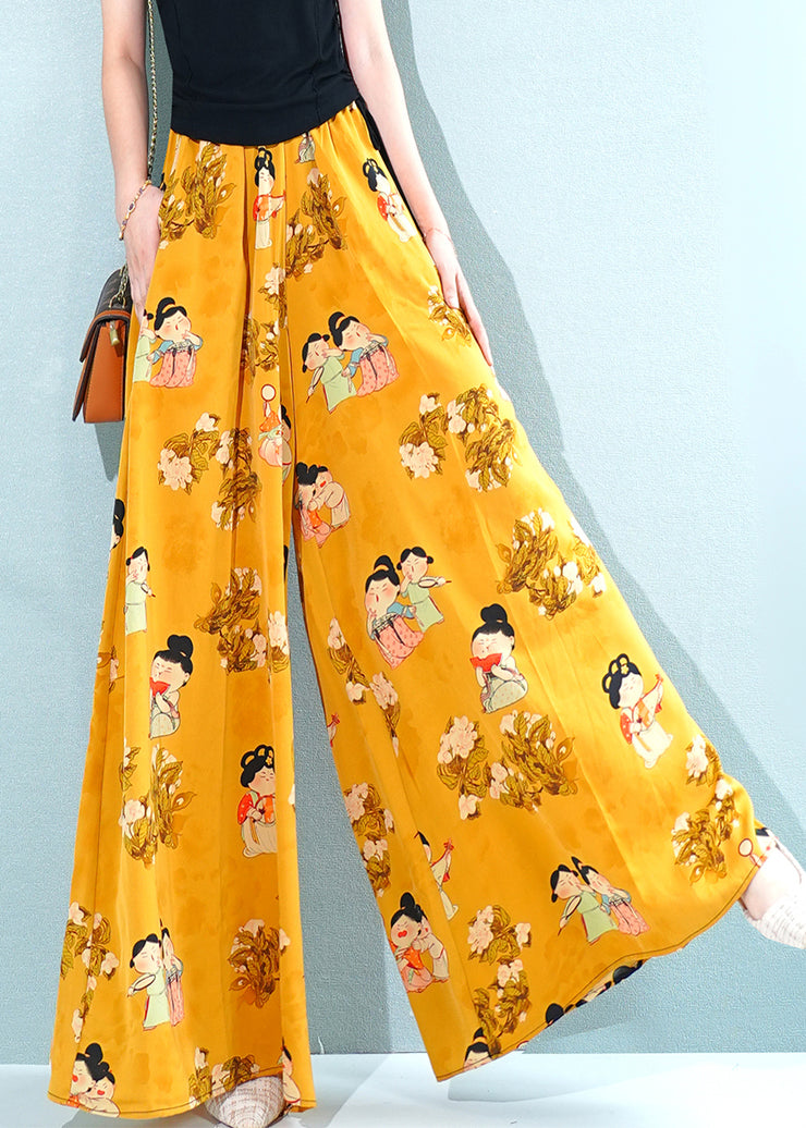 Fashion Yellow Print Pockets Oversized Chiffon Pants Skirt Summer