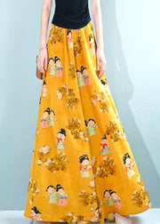 Fashion Yellow Print Pockets Oversized Chiffon Pants Skirt Summer