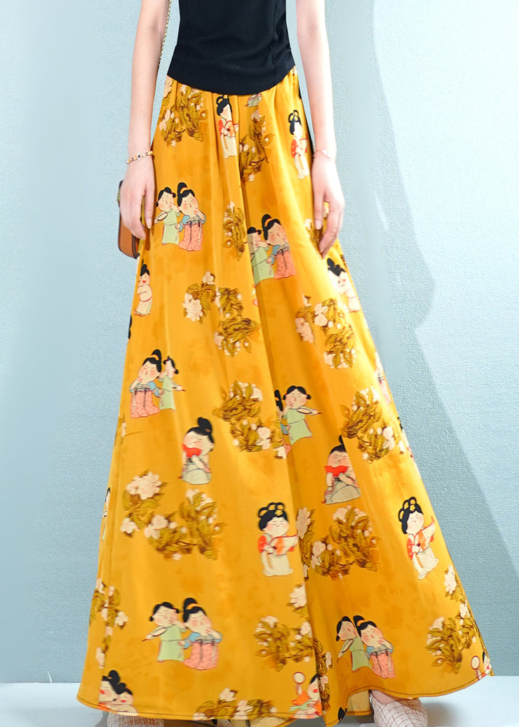 Fashion Yellow Print Pockets Oversized Chiffon Pants Skirt Summer