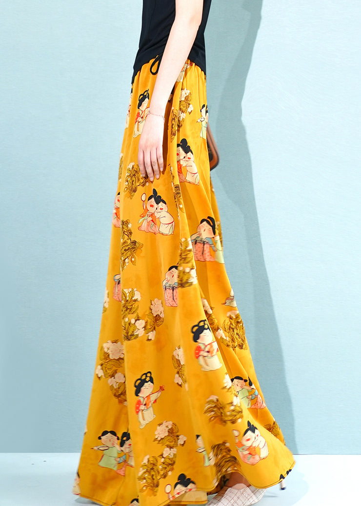 Fashion Yellow Print Pockets Oversized Chiffon Pants Skirt Summer
